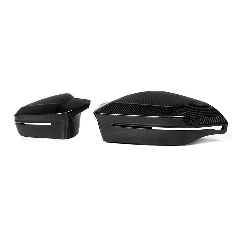 High-gloss carbon fiber side mirror covers in a horn-style design for BMW 5 Series M5 G90 G99 rear-view mirrors.