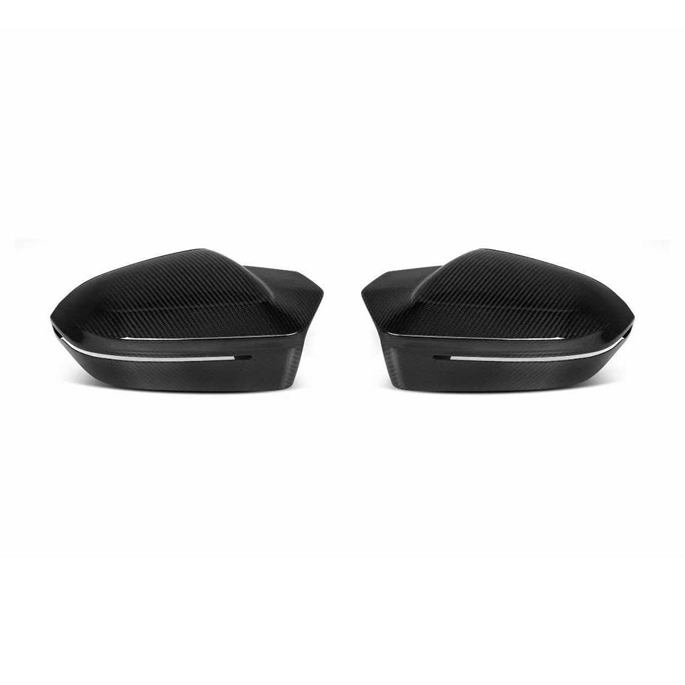 High-gloss carbon fiber side mirror covers in a horn-style design for BMW 5 Series M5 G90 G99 rear-view mirrors.